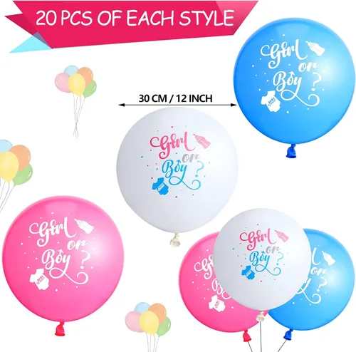 Vista 2 de 60 globos de revelación de género para niñas o niños, globos de látex para fiesta de revelación en blanco, rosa y azul, suministros para decoración