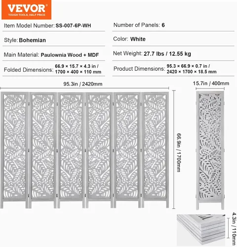 Vista 8 de VEVOR Divisor de habitación de madera, pantalla de privacidad plegable de madera de 6 paneles, divisor de partición tallado para interiores de 66.9