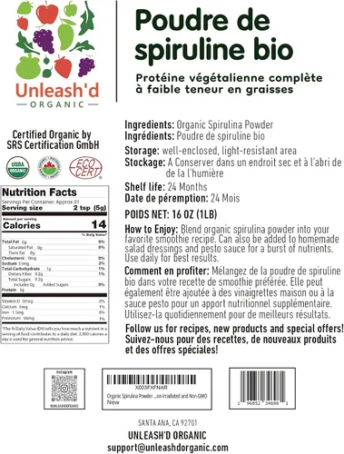 Vista 2 de Unleash'd Organic Spirulina en polvo 16 onzas – Superalimento natural 100% puro, alto en proteínas, rico en antioxidantes, vegano, sin OMG, sin