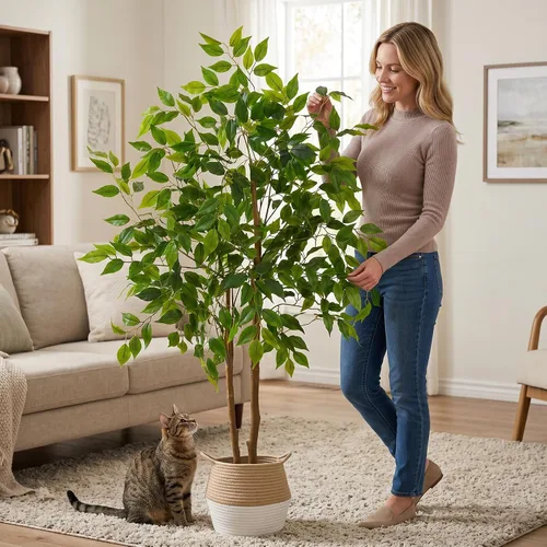Vista 4 de Warmplants Árbol de ficus artificial, árbol de ficus falso de 4 pies de alto con canasta, planta sintética para interiores y exteriores, hogar, sala
