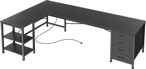 Vista 14 de Huuger Escritorio en forma de L de 55 pulgadas con cajones de tela, escritorio reversible para juegos para computadora con tomas de corriente