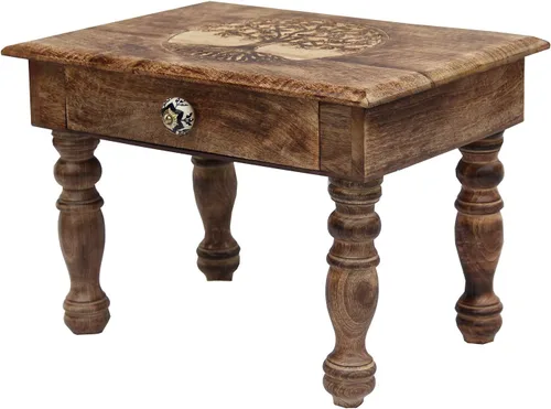 Vista 12 de DharmaObjects Mesa de meditación de altar del santuario de Puja tallada a mano de madera maciza de mango (flor de vida)