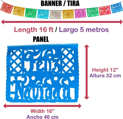Vista 2 de Paquete de 2 pancartas de papel picado metálico de 16 pies, decoraciones mexicanas auténticas artesanales, hechas a mano, papel picado, Navidad