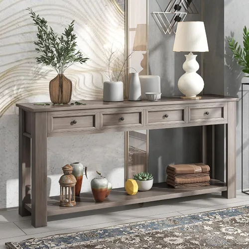 Vista 22 de JIVOIT Mesa consola rústica y elegante, mesa de consola rectangular de madera con cajones de almacenamiento y estante inferior para entrada Blanco
