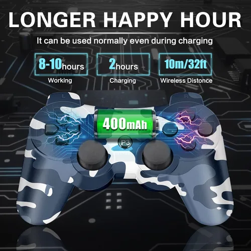 Vista 6 de Paquete de 2 controladores inalámbricos para PS3 con doble amortiguador, control de movimiento (camuflaje marrón y camuflaje azul)