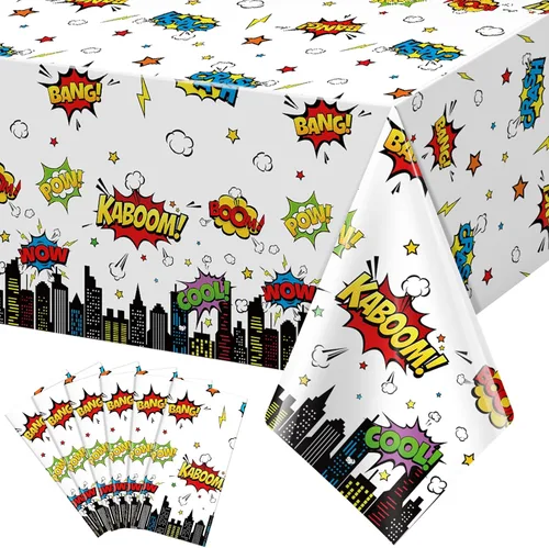 Vista 8 de 3 manteles de fiesta de cumpleaños con temática de héroes, mantel rectangular desechable de plástico de paisaje urbano blanco Super Bang para baby
