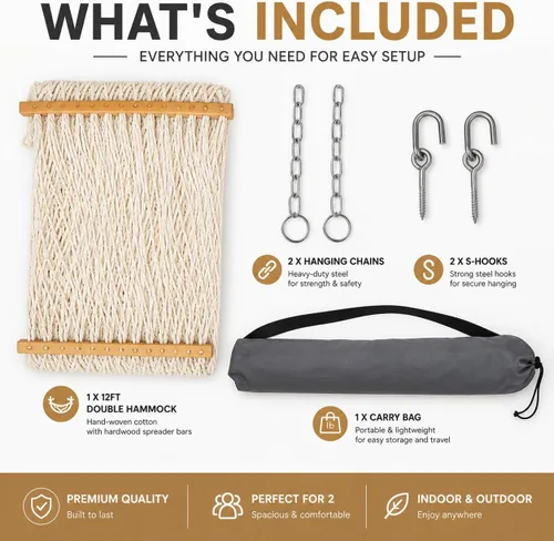 Vista 2 de Hamaca de doble cuerda con barras separadoras de madera dura, hamaca de cuerda de algodón para exteriores, patio, campamento, árboles, 2 personas