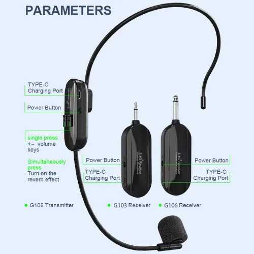 Vista 7 de VOVIGGOL Auriculares de micrófono inalámbrico, 2.4 GHz, rango de 160 pies, carga dual tipo C, efectos de reverberación de etapa 3D, compatibles