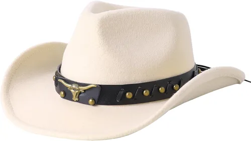 Vista 3 de Jastore Sombrero de vaquero occidental para niños y niñas, clásico vaquero con cinturón de hebilla Beige