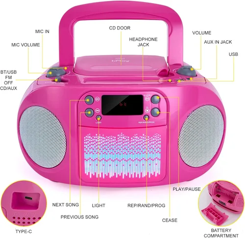 Vista 4 de hPlay GC09 Kids Boombox, reproductor de CD, conectividad Bluetooth para smartphones, AUX, USB, radio y MP3, función de cantar junto, adaptador