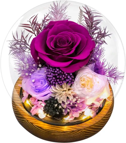 Vista 11 de Flores preservadas para mamá, rosas champán preservadas en cúpula de cristal con luz LED para novia, flores reales eternas para mujeres, regalo