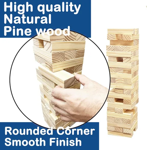 Vista 3 de Jac & Mok Tumble Tower - Juego de bloques de madera para apilar con bolsa de transporte (54 piezas de torre grande con dados)