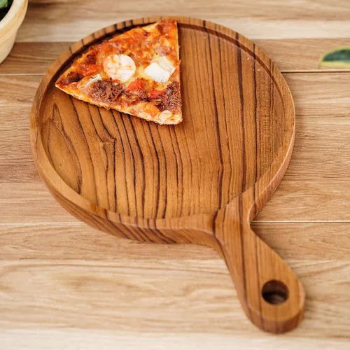 Vista 3 de Rainforest Bowls Tabla de pizza de madera de teca javanesa de 8 pulgadas con mango y borde, puede contener pizza de 8 pulgadas, ultra duradera