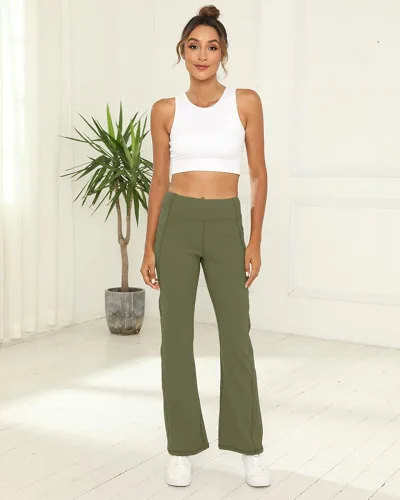 Vista 5 de Aurgelmir Pantalones de yoga acampanados para mujer, de cintura alta, con corte de bota, pantalones de pierna ancha con bolsillos