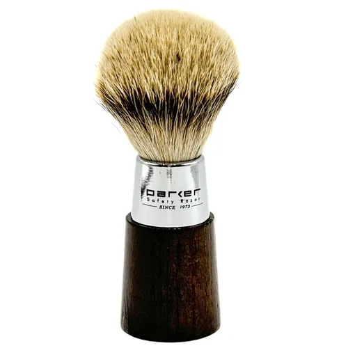 Vista 2 de Parker - Brocha de afeitar hecha a mano, 100% de 3 bandas con mango de tejón plateado de nogal y cromo, incluye soporte para cepillo Premium