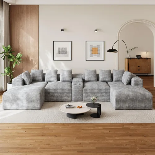 Vista 26 de Sofás seccionales en forma de U de gran tamaño de 131 pulgadas para sala de estar, cómodo sofá modular de pana esponjosa beige sin hueso, sofá