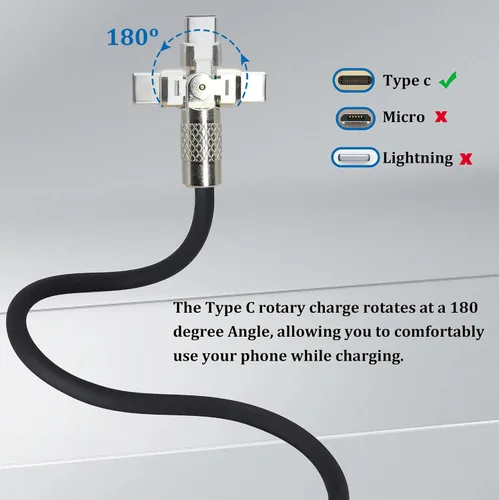 Vista 5 de Cable USB C tipo C, cable de silicona de carga rápida tipo C, macho a USB A macho, con rotación de 180°, carga rápida Ca-ble compatible con Sam-Sung