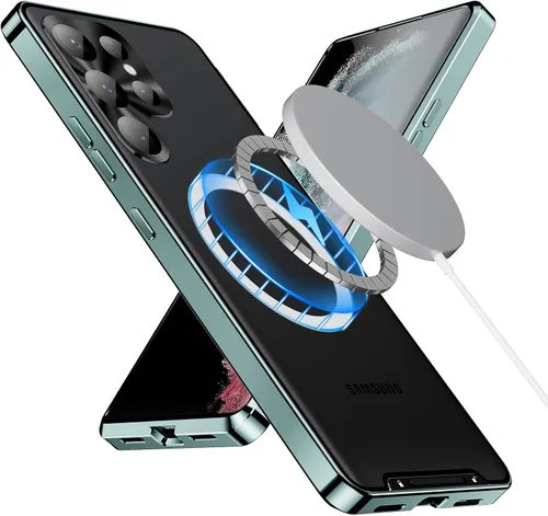 Vista 15 de Funda de metal para Galaxy S23 compatible con MagSafe Wireless Chager a prueba de golpes, bloqueo de seguridad de parachoques de metal esmerilado