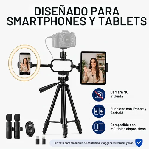 Vista 8 de Acuvar Kit de vlogging con trípode de luz de anillo – Kit de creación de contenido para iPhone, Android y tabletas, micrófono, control remoto
