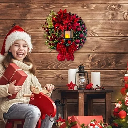 Vista 5 de Coronas artificiales grandes de Navidad para puerta delantera, coronas de Navidad con cinta de lazo, guirnaldas de invierno para interiores