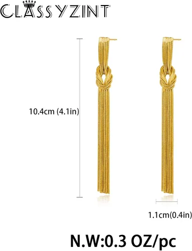 Vista 6 de CLASSYZINT Pendientes largos con borlas doradas para mujer