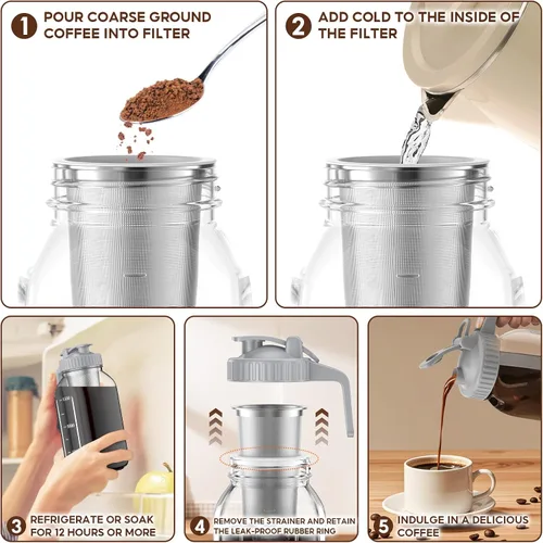 Vista 4 de Paquete de 2 tarros de café frío de 64 onzas, máquina de café frío de vidrio grueso con asa, filtro de acero inoxidable y tapa a prueba de fugas