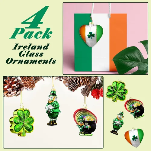 Vista 7 de 4 adornos de cristal del día de San Patricio, maceta de duende de trébol irlandés de oro, decoración de árbol de trébol de la suerte para el hogar
