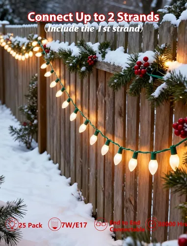 Vista 3 de Luces de Navidad blancas cálidas de 25 pies para exteriores, luces de Navidad blancas esmeriladas con 26 bombillas incandescentes (1 repuesto), luz