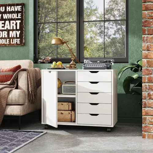 Vista 2 de DEVAISE Gabinete de madera con 5 cajones, gabinete de almacenamiento de Blanco