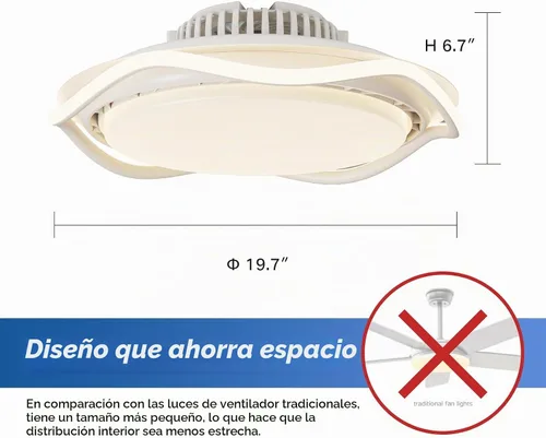 Vista 6 de Ventilador de techo cerrado sin aspas con luz y control remoto, tres niveles de iluminación ajustables, blanco, adecuado para sala de estudio