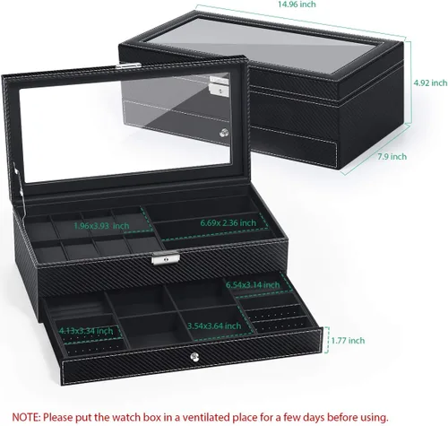 Vista 2 de TomCare Caja de reloj organizador de reloj con patrón de tejido joyero con cerradura con cajón soporte para gafas de sol aretes organizador de joyas