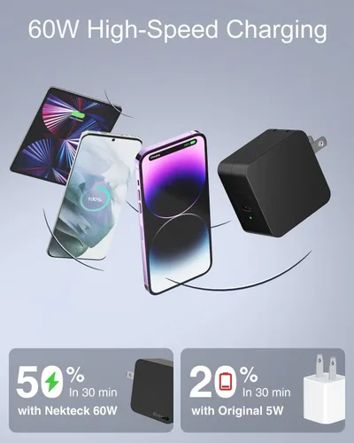 Vista 3 de Cargador USB C de 60 W de carga rápida, Nekteck GaN Tech PD 3.0 de carga rápida con enchufe plegable, compatible con MacBook Air/Pro, iPhone