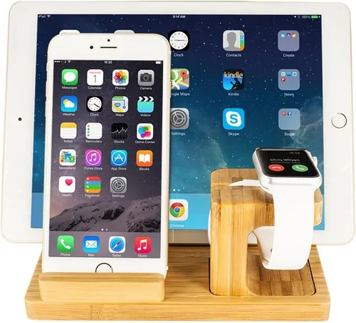 Vista 5 de Estación de carga de escritorio multidispositivo de madera de bambú Soporte de carga para iPhone 16 15 14 13 12 11 Pro Max iWatch 2 3 4 5 compatible