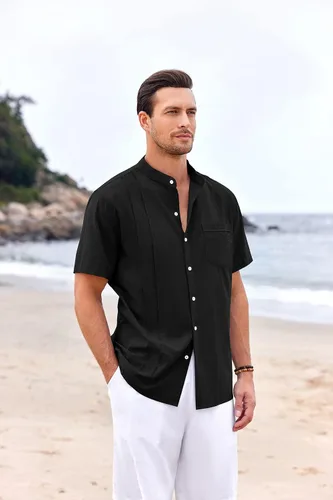 Vista 5 de Ryannology Guayabera - Camisas de lino de manga corta con botones para hombre, estilo casual, playa, campamento cubano, camisa mexicana para hombre