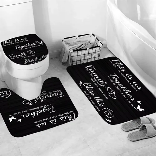 Vista 3 de Juego de cortinas de ducha familiares AZHM Negro para baño con cortina de ducha y alfombras y accesorios Decoración de baño con cortina y 12 ganchos
