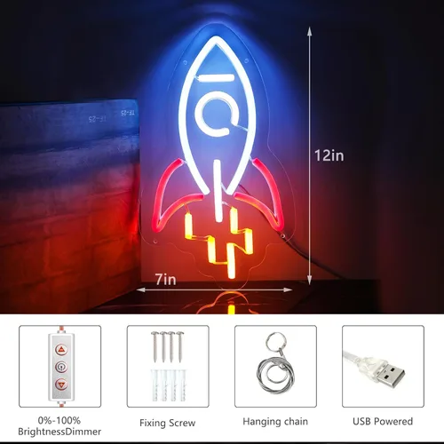 Vista 9 de Letrero de neón de cohete, luz LED de cohete para regalo de niño, letrero de luz regulable con alimentación USB para habitación de niños, sala
