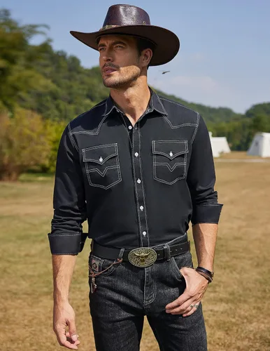 Vista 2 de COOFANDY Camisa vaquera de manga larga para hombre, de algodón, con botones, estilo casual, con bolsillos 01-Negro