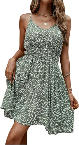 Vista 5 de SweatyRocks Vestido de tirantes delgados con estampado floral bohemio para mujer, vestido corto casual acampanado