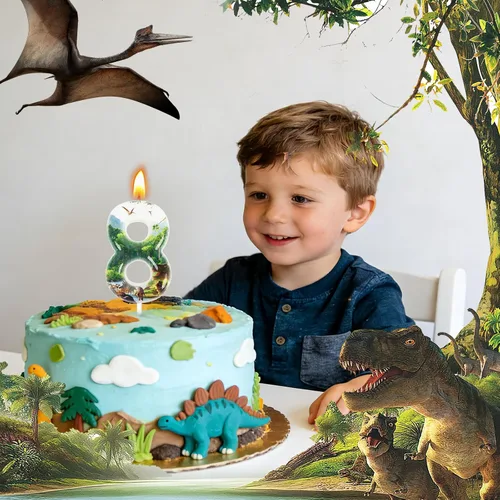 Vista 5 de Velas de cumpleaños de dinosaurios, suministros de decoración de fiesta de dinosaurios, velas de número de cumpleaños para decoración de pastel