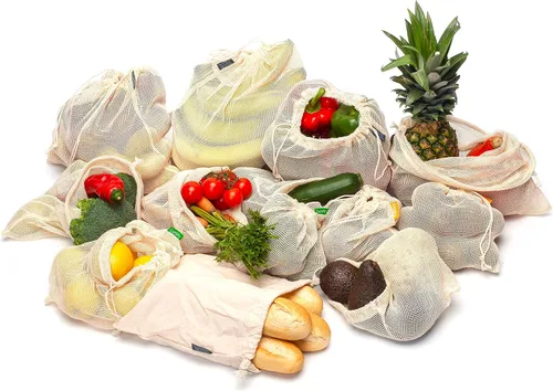 Vista 5 de 12+1 bolsas reutilizables para productos alimenticios, lavables, bolsas de malla de algodón orgánico, doble costura y peso de tara, bolsas de malla