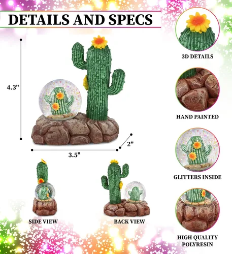 Vista 2 de CoTa Global Globo de nieve de cactus – Figura mágica de globo de agua arcoíris con purpurina brillante, adorno coleccionable para decoración