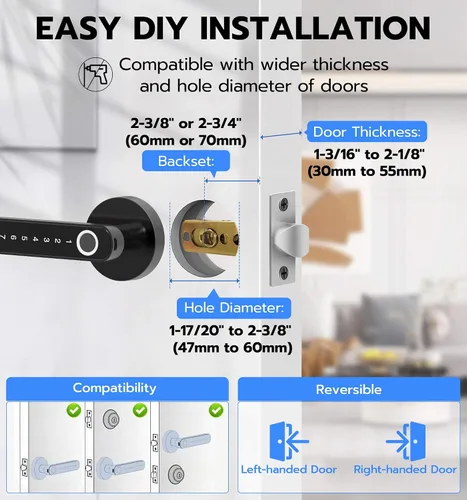 Vista 6 de eLinkSmart Cerradura de perilla de puerta de huellas dactilares, cerradura inteligente de puerta de entrada sin llave con mango de teclado