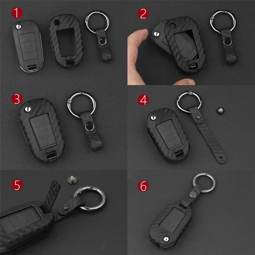 Vista 7 de Cubierta de patrón de textura de fibra de carbono de goma de silicona suave para Peugeot, funda de llavero remoto de coche para Peugeot 208 301 308