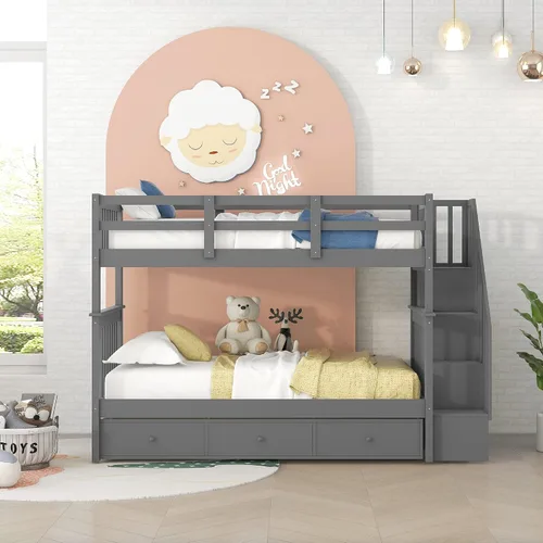 Vista 3 de Literas de tamaño matrimonial con cajones y escaleras, marco de cama de madera con almacenamiento para niños, adolescentes y adultos, desmontable