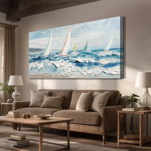Vista 2 de Enartly Arte de pared texturizado 3D con ondas oceánicas para sala de estar, paisaje marino azul, velero, lienzo, pintura costera, obra de arte