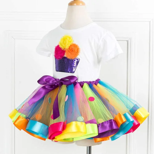 Vista 3 de JOINSI Falda de ballet tutú arcoíris para niñas con camisa, collar y pulsera