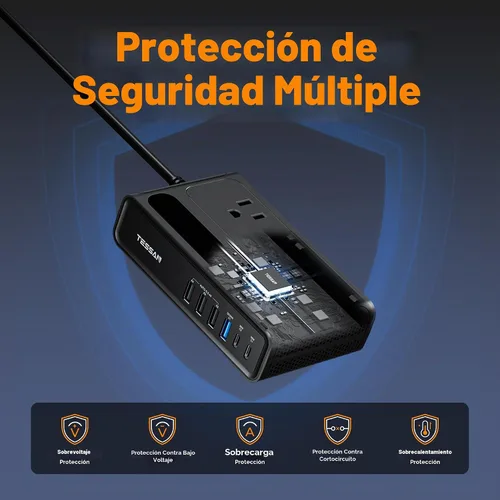 Vista 4 de Inversor de corriente del coche de TESSAN 200W, 36W USB C cargador de coche adaptador de carga rápida Converter with 2 AC Outlets & 6 USB Ports