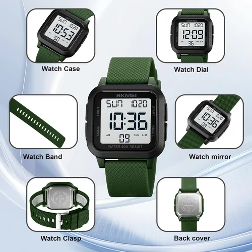 Vista 6 de SKMEI Reloj deportivo digital para hombre, ultrafino, grande, impermeable, con cronómetro, temporizador de cuenta regresiva, función de alarma, luz