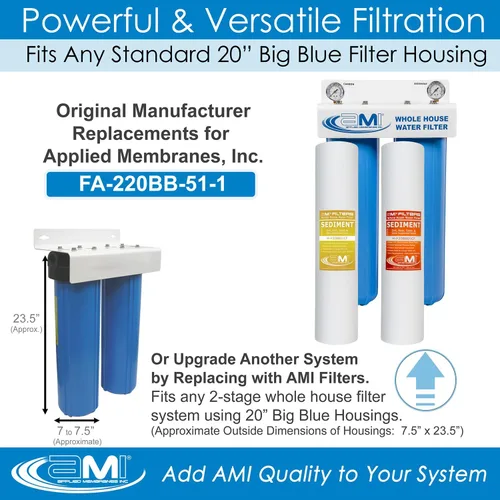 Vista 2 de Applied Membranes Inc. Sistema de filtro de agua de 2 etapas para toda la casa, filtros de 1 micrón y 5 micrones de 4.5 pulgadas por 20 pulgadas