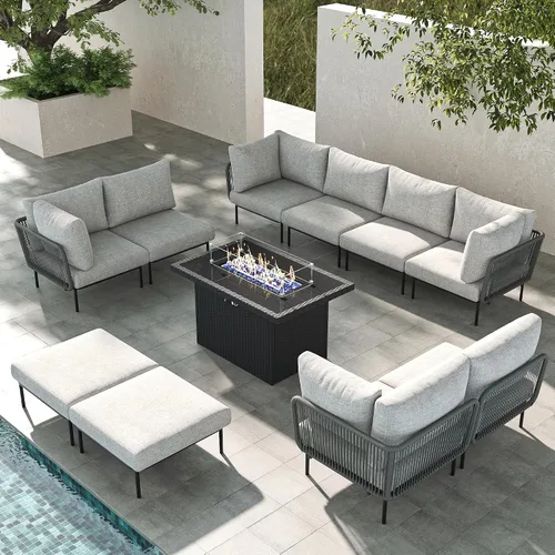 Vista 27 de LayinSun Juego de muebles de patio de aluminio de 7 piezas, sofá modular moderno con mesa auxiliar y cojín de grosor mejorado Gris claro